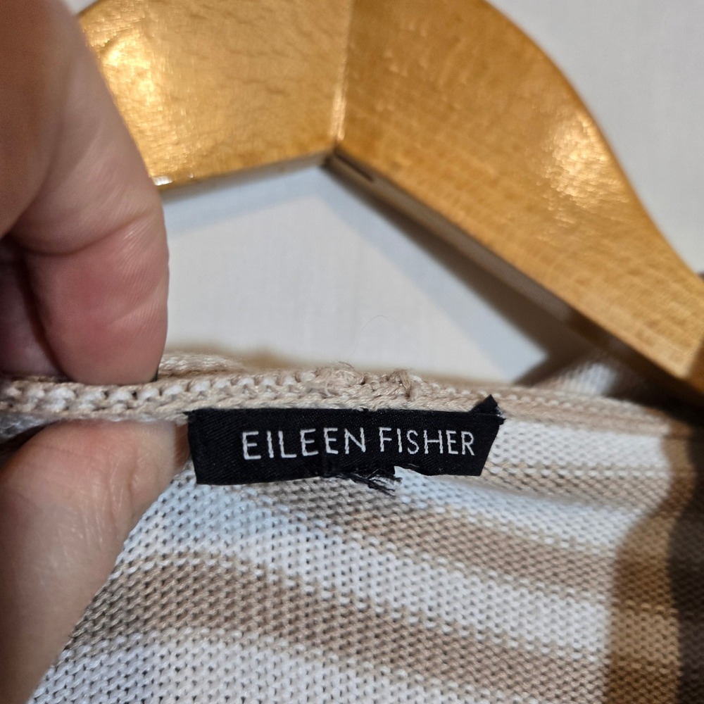 Eileen Fisher‎ Organic Linen Blend Striped Open Knit Cardigan Hoodie Coastal XL - Picture 3 of 7